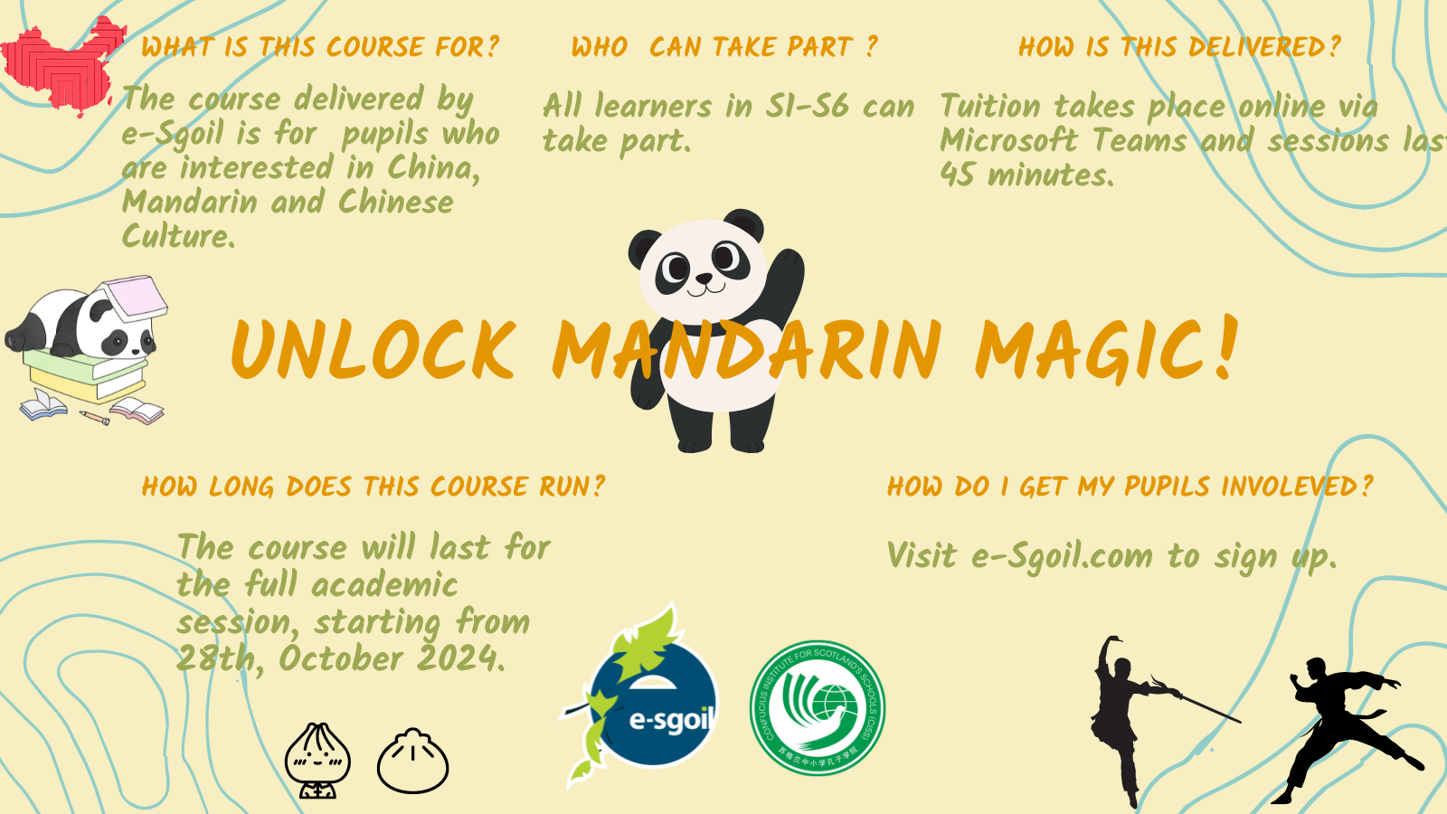 image showing details of the course which can be found on eSgoil's website and Chinese cultural icons image showing details of the course which can be found on eSgoil's website and Chinese cultural icons